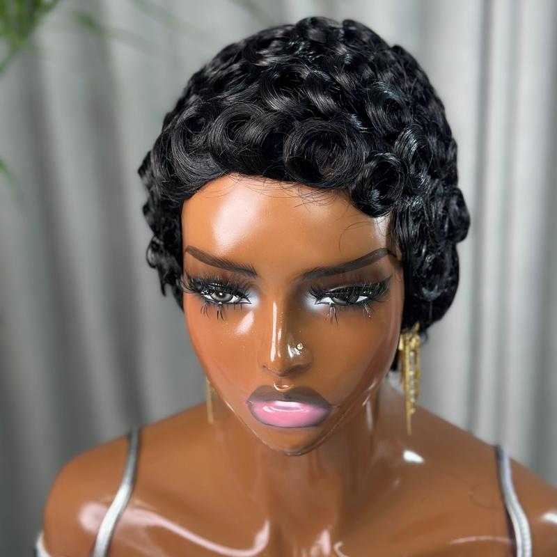 ShowRealHair 025 Pixie Cut Wig for Black Women Pin Curls Short Bomb Curly Wigs Brazilian Virgin Human Hair Short Curly Pixie Wigs Pixie Cut Layered Wig Natural Black Short Wigs for Black Women Short Glueless Wig