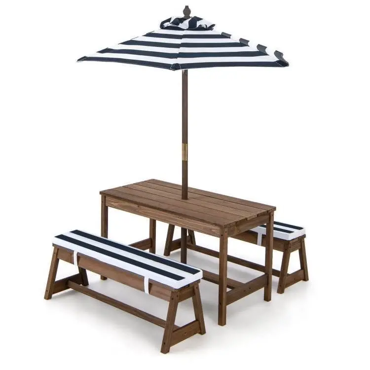 Picnic Table with Striped Umbrella and Benches - Simple Design for Outdoor Use