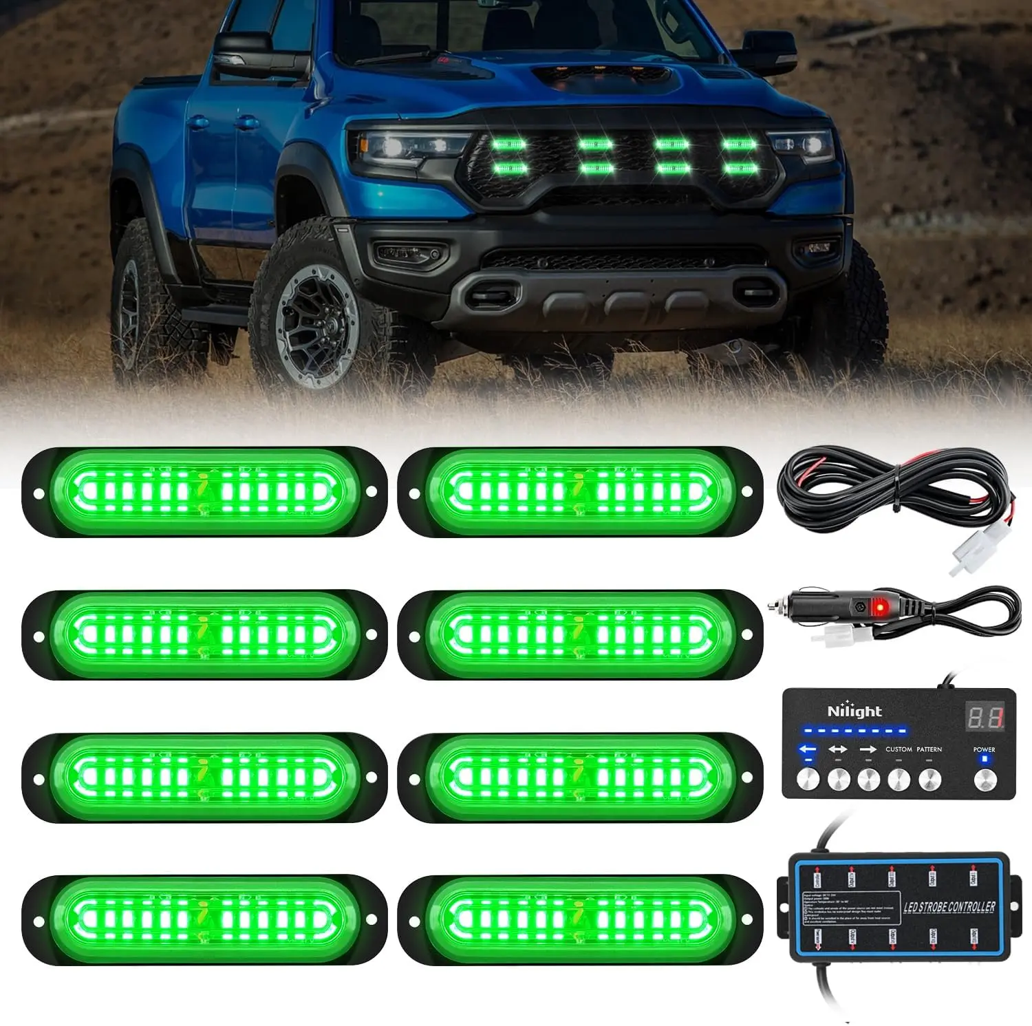 Nilight Aluminum Strobe Light Kit - 8PCS 12V-24V Single Row 12-LED Surface Mount Waterproof Green Vehicle Lights with Sync Controller for Trucks/RVs, Tractors, Ideal for Day/Night Safety, Foggy Days