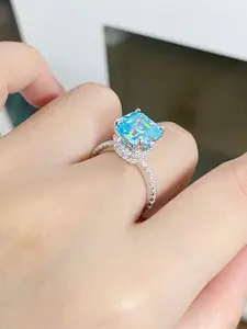 Pure Silver Ring with Sea Blue Topaz, Women's Asche Tower Four Claw Diamond Wedding Ring, Elegant Jewelry for Special Occasions, Engagement Rings