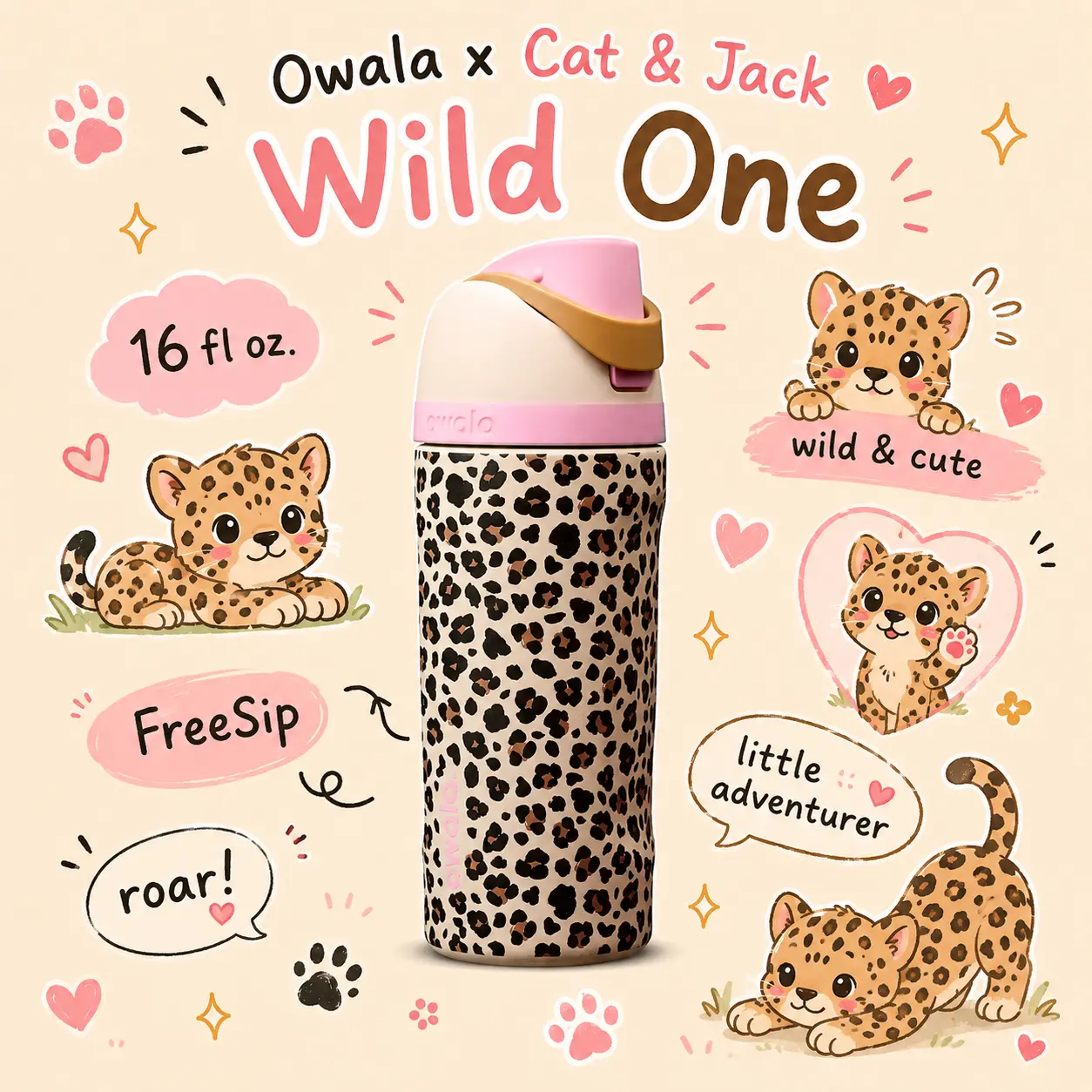 Owala x Cat & Jack Wild One 16 fl oz  Water Bottle, Cute Leopard Print Water Bottle