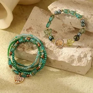 Boho Green Beaded Bracelet Set, Tree of Life Charm Multi-Layer Stackable Elastic Bracelets, Nature Inspired Bohemian Jewelry for Women