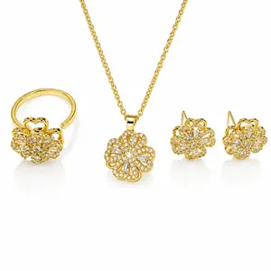 Rotatable 14K Gold Plated 3PCS Jewelry Set for Women, Clover Flower Zircon Stud Earrings + Adjustable Open Ring + Double-sided Pendant Necklace, Hypoallergenic Titanium Steel Convertible Accessories for Daily Party