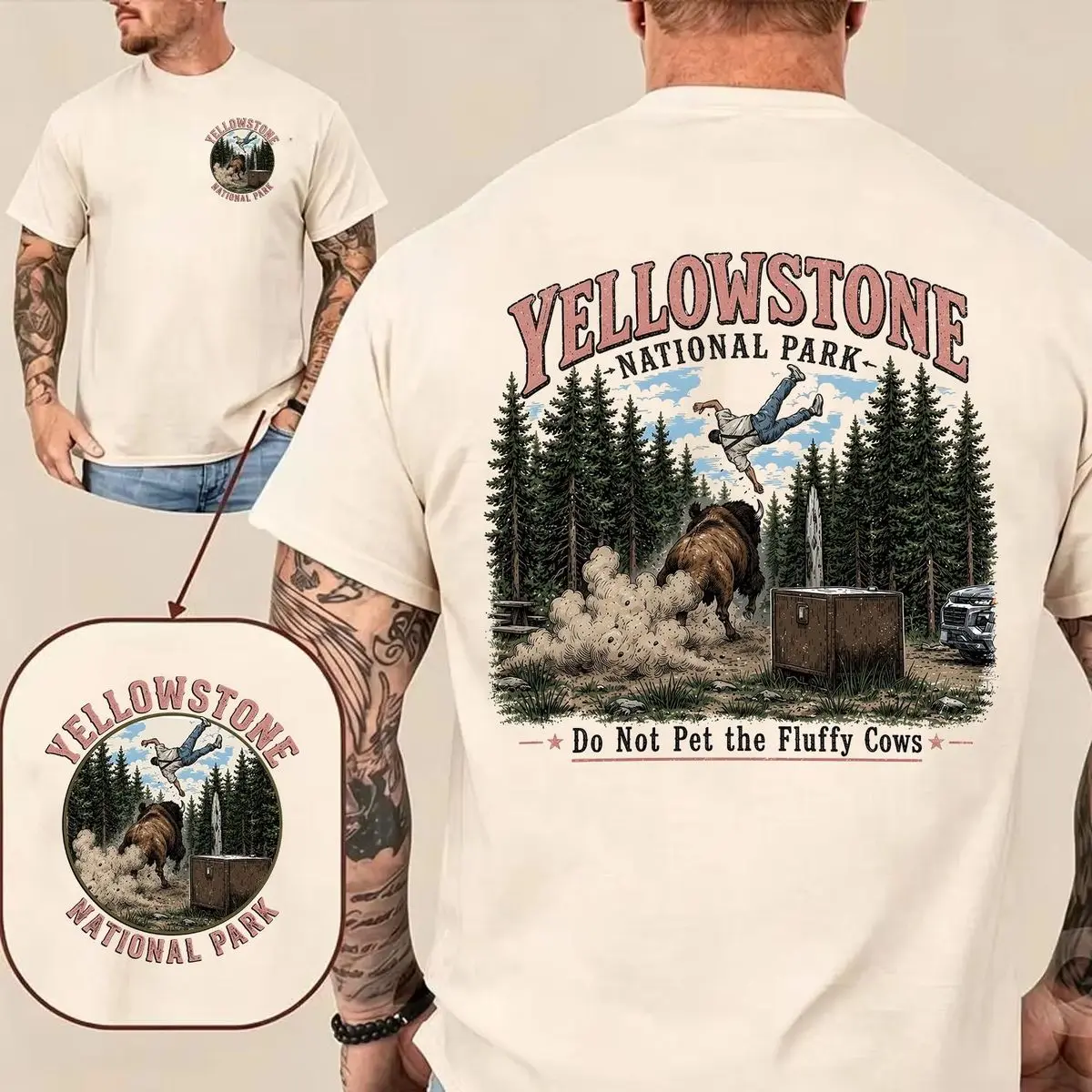 Yellowstone National Park 2 Sides Shirt Do Not Pet The Fluffy Cows T Shirt Bison, Mountains & Trees Nature, Yellowstone National Park Bison Toss Incident, Unisex Short Sleeve Tee, Graphic Round Neck Tee