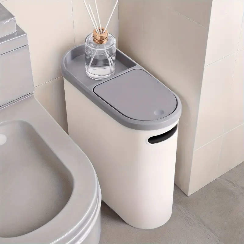 Press Lid Bathroom Trash Can, Slim Gap Narrow Space Waste Bin, Top Storage Tray, Small Counter Side Garbage Bin for Bathroom Vanity Toilet Kitchen Cabinet