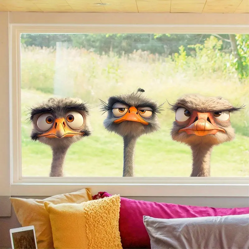 1pc ostrich with different expressions glass static cling suitable for decoration on windows, glass, etc. Static suction waterproof removable and reusable glass sticker creates a warm and pleasant joyful atmosphere.