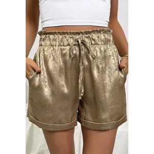 Gold Metallic Luster Tie Elastic Waist Cuffed Hem Shorts