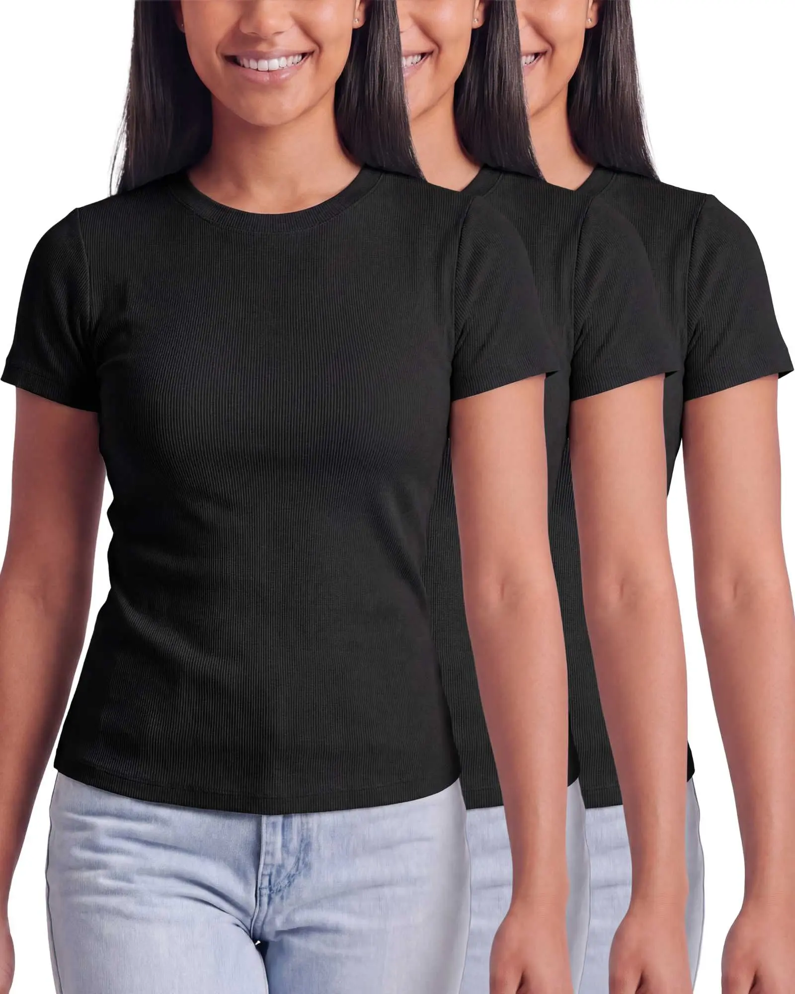 Real Essentials 3 Pack: Women's Ribbed Cotton T Shirts Short Sleeve Crew Neck Soft Stretchy Tees Casual Summer Spring Tops