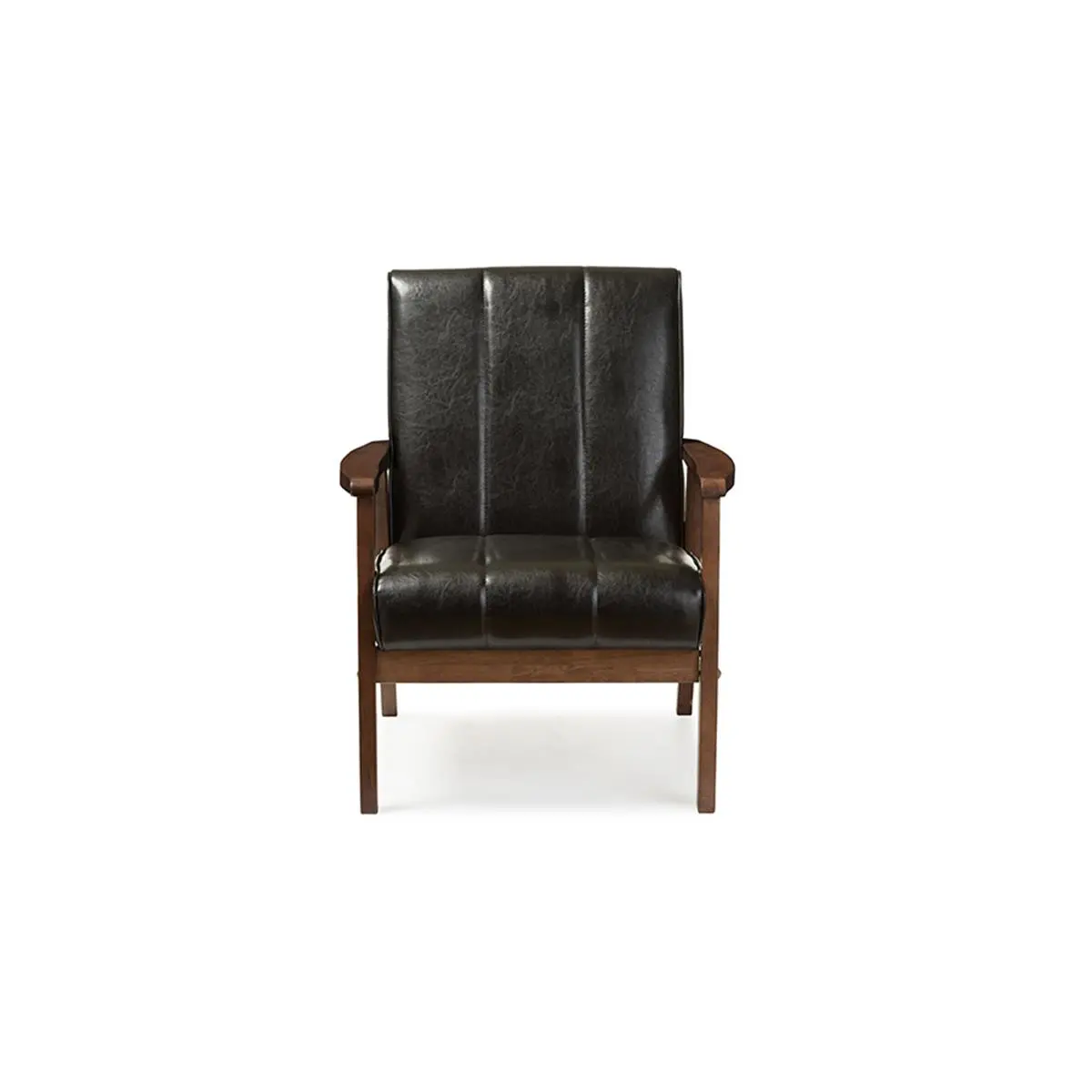 212 MAIN Mid-Century Modern Scandinavian Black Faux Leather Rubberwood Lounge Chair - Angular Frame, Padded Seat, Panel Stitch, Model BBT8011A2, 31.59x25.35x29.45in