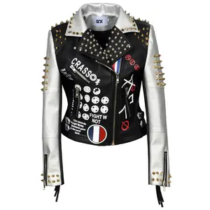 Women's Punk Style Rock Graffiti Imitation Leather Coats PU1 Womenswear Jackets Ordinary Length 50cm-65cm Tops