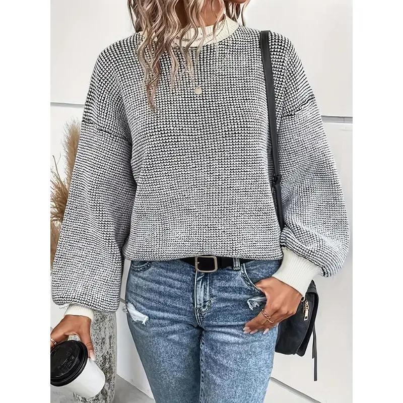 Women's Colorblock Drop Shoulder Sweater, Casual Style Long Sleeve Round Neck Jumper for Fall & Winter, Fashion Ladies' Lightweight Knitwear for Daily Wear
