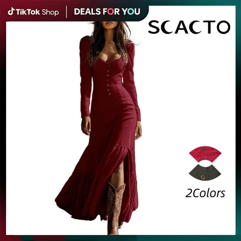 Scacto Women's Retro Western Soft Drape Solid Long Dress - Square Neck, Long Sleeves for Graceful Coverage, Ruffle Lace Trim, High Slit, Body-Contour Polyester Fabric, Rustic Elegance, Western Wedding Pick, Country Concert Outfit