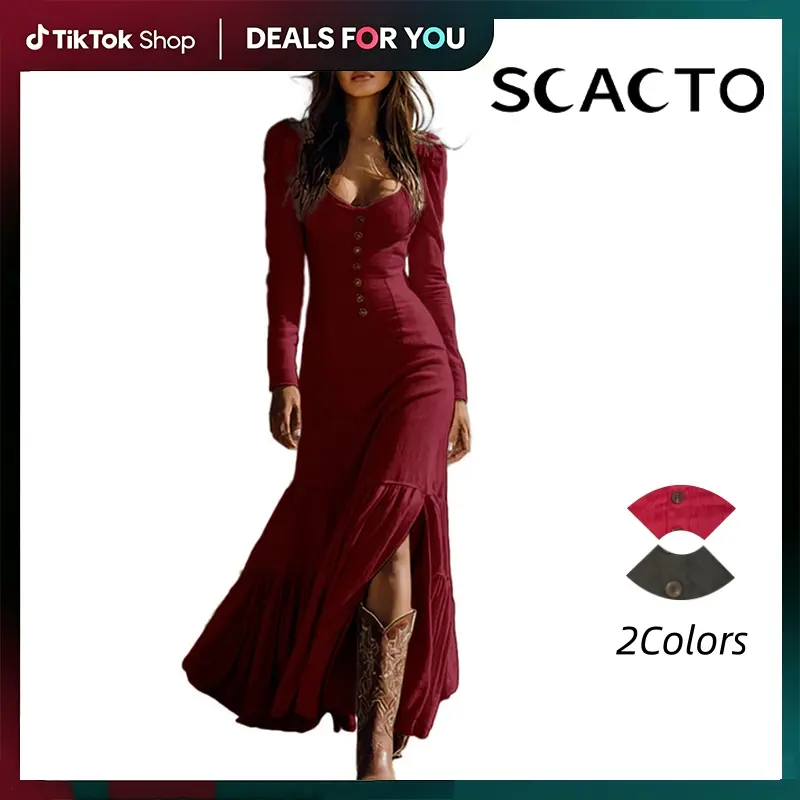 Scacto Women's Solid Vintage Western Long Sleeve Maxi Dress with Ruffle Lace Trim and High Slit, Western Dresses, Sexy, Fashion, Formal, Full Length, Fashion Apparel, Going Out, Square Neck, Polyester Fabric, Lace Ruffles, All Seasons, Body Contour