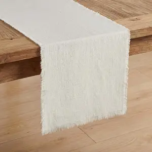 KINGSTONE 14 x 90 Inches Frayed Edge Table Runner, 270G Heavyweight Sand Washed Slub Texture Cotton Linen for Modern Farmhouse, Rustic Home Decorations Dining Room Wedding Boho Decor, White