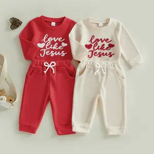 Infant Baby Boy Girl Spring Outfit Heart Letter Long Sleeve Romper and Pants 2 Piece Set Christian Clothes 0-18 Months