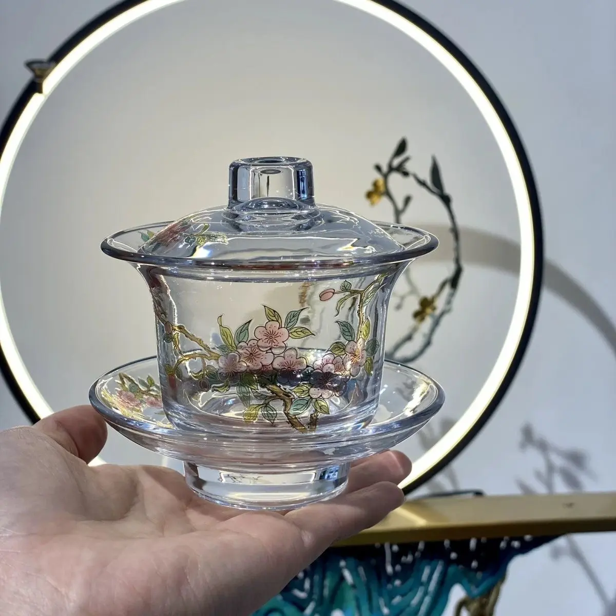 A19. Elegant Chinese-Style Floral Glass Gaiwan Tea Set — Heat-Resistant Thick Glass Tea Ware for Women, Ladies