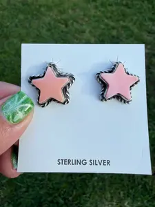 Navajo Pink Conch Star Sterling Silver Earrings by Larson Chee