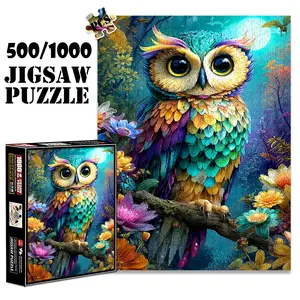 1pc 1000 piece adult puzzle 70x50cm Colorful Owl Perched Among Flowers in Enchanted Forest 500 pieces of paper jigsaw puzzle, suitable for adults and families, large-scale DIY puzzle interactive toy