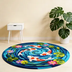 New Chinese-style koi fish and lotus round carpet, Area Rug, Decorative Rug, Household Decorative Rug, blue base with colorful koi, living room coffee table anti-slip mat, suitable for new Chinese-style / Zen home decor, symbolizing auspiciousness
