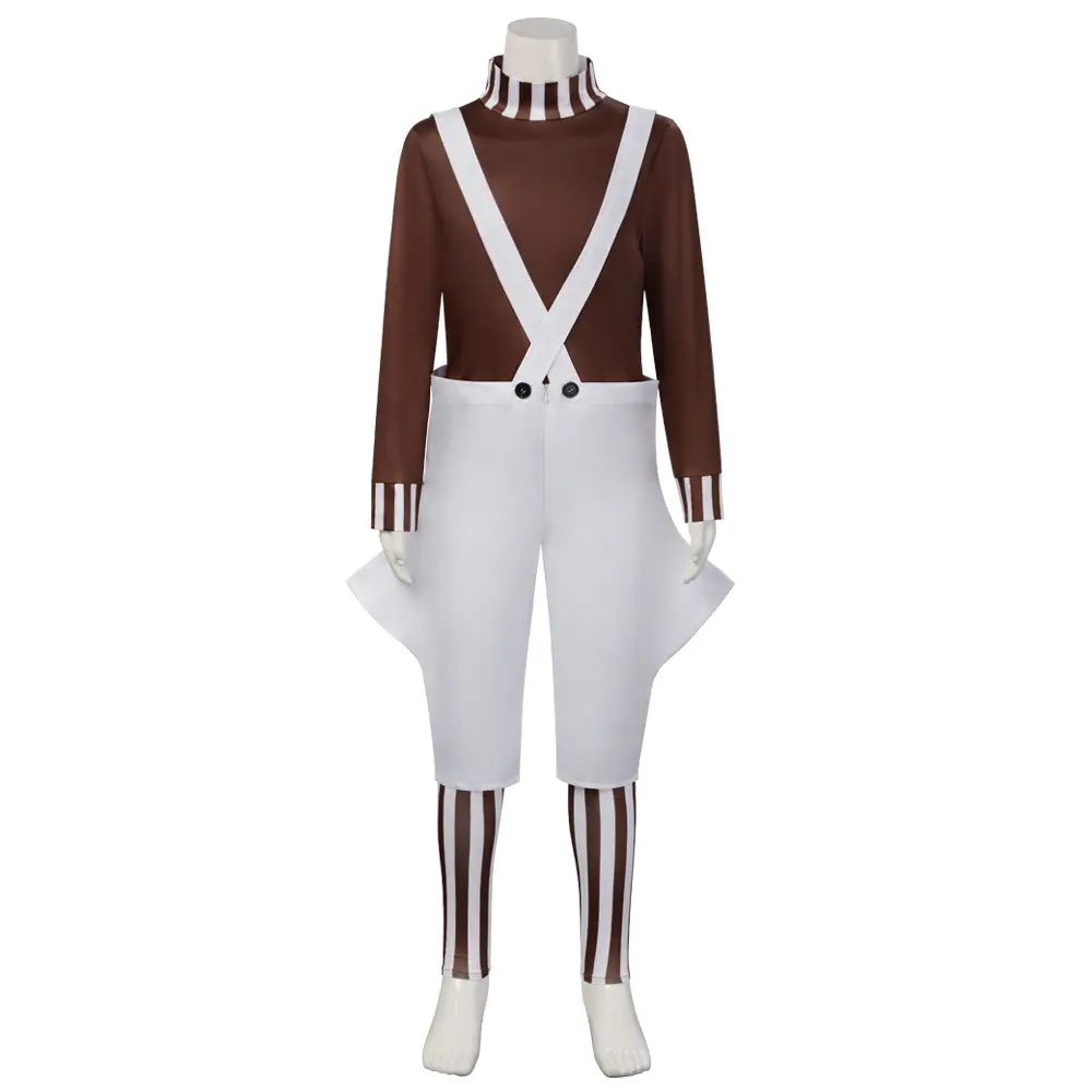 Oompa Loompa Worker Stripe Top Overalls Cosplay Costume Set with Gloves Leggings for Comic Con
