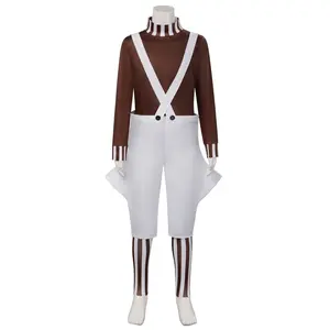 Oompa Loompa Worker Stripe Top Overalls Cosplay Costume Set with Gloves Leggings for Comic Con