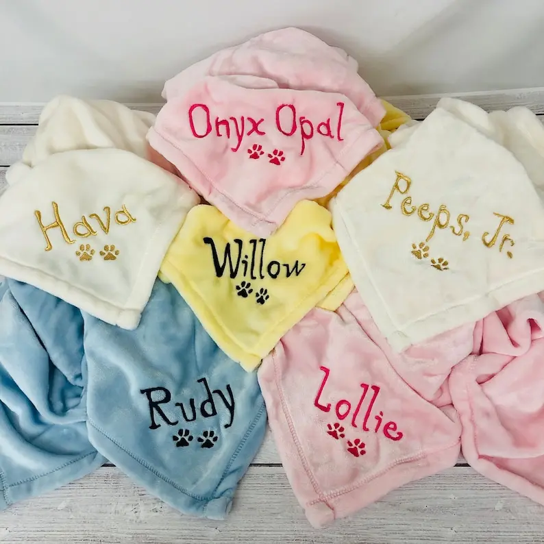 Personalized Soft Blanket for Pet | Blanket with Dogs Name | Blanket with Cats Name Custom Embroidered Blanket for Dog, Cat, with Paw Prints
