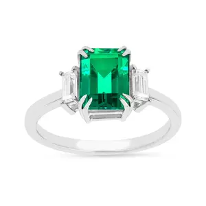 Colombian Created Emerald Three Stone  Ring