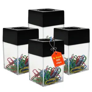 TengeVer - 2 paper clip holder + 25 multicolor 1-inch  clips per each clear acrylic dispenser with elegant magnetic black lid / magnetic paper clip holder for desk / bobby pin magnetic holder