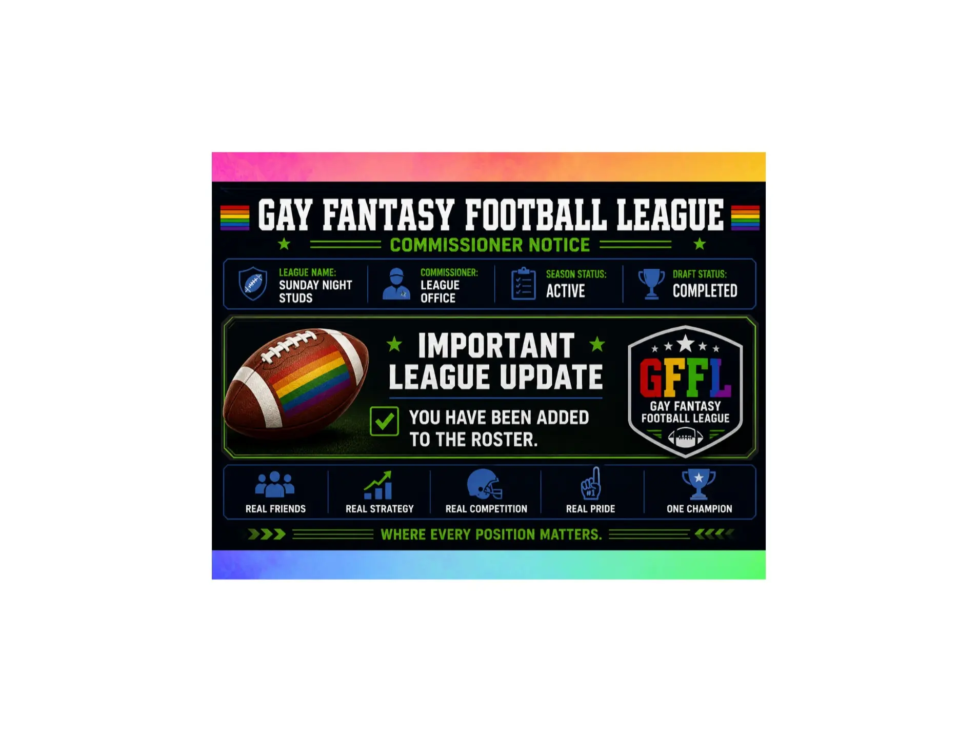 Prank Postcard – “Gay Fantasy Football League Commissioner Notice” – Funny Anonymous Sports League Gag Mail