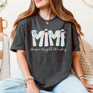 Personalized Mimi Shirt with Grandkid Name, Coquette Bow T Shirt Mothers Day Gift for Mimi Gift for Grandma Custom