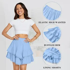 Womens Flowy Ruffle Shorts High Waist Pleated Mini Skirts Casual Boho Ruffle Tiered Skorts Cute Versatile Fashion Shorts
