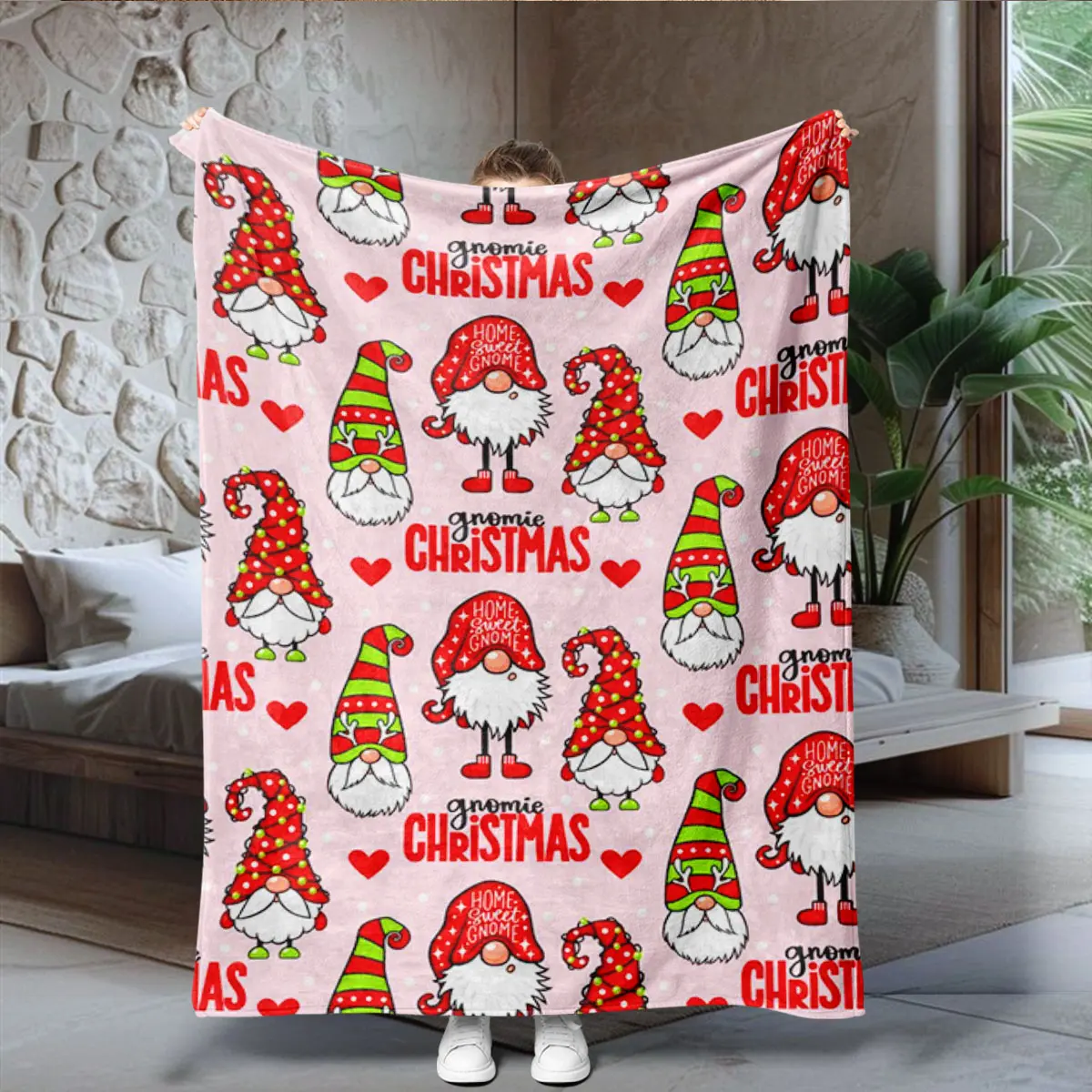 Cute Christmas Gnome Elf Theme Blanket, Cartoon Style Full Print Design, Bedroom Casual Holiday Warm Blanket, Cozy Winter Bedding