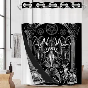 1 Pack No Hook Double Layer Shower Curtain, Gothic Witch Pentagram Print Bath Curtain, Waterproof, Mildew Resistant, Durable Fabric, Spooky Home Decor, Removable Liner, Top See-Through Window, Partition Curtain 71"×74"