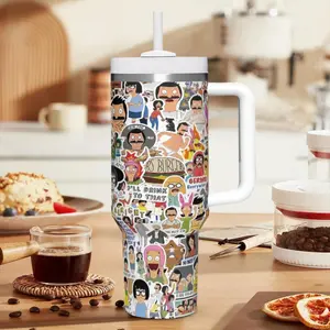 1pc Bob's Burgers 40oz Insulated Stainless Steel Water Bottle, Double-layer insulated coffee cup, Coffee Thermos, Vacuum Insulated Flask, Anti-Slip Handle & Straw Design, Perfect for Outdoor Adventures & Everyday Carry