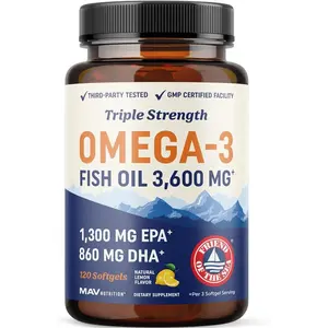 Omega 3 Fish Oil 3600 mg | Over 2100mg Omega-3 Fatty Acids with 860mg of DHA | 1300mg EPA | Best Essential Fatty Acids | Premium Wild Caught & Burpless Fish Oil | 120 ct, Healthcare