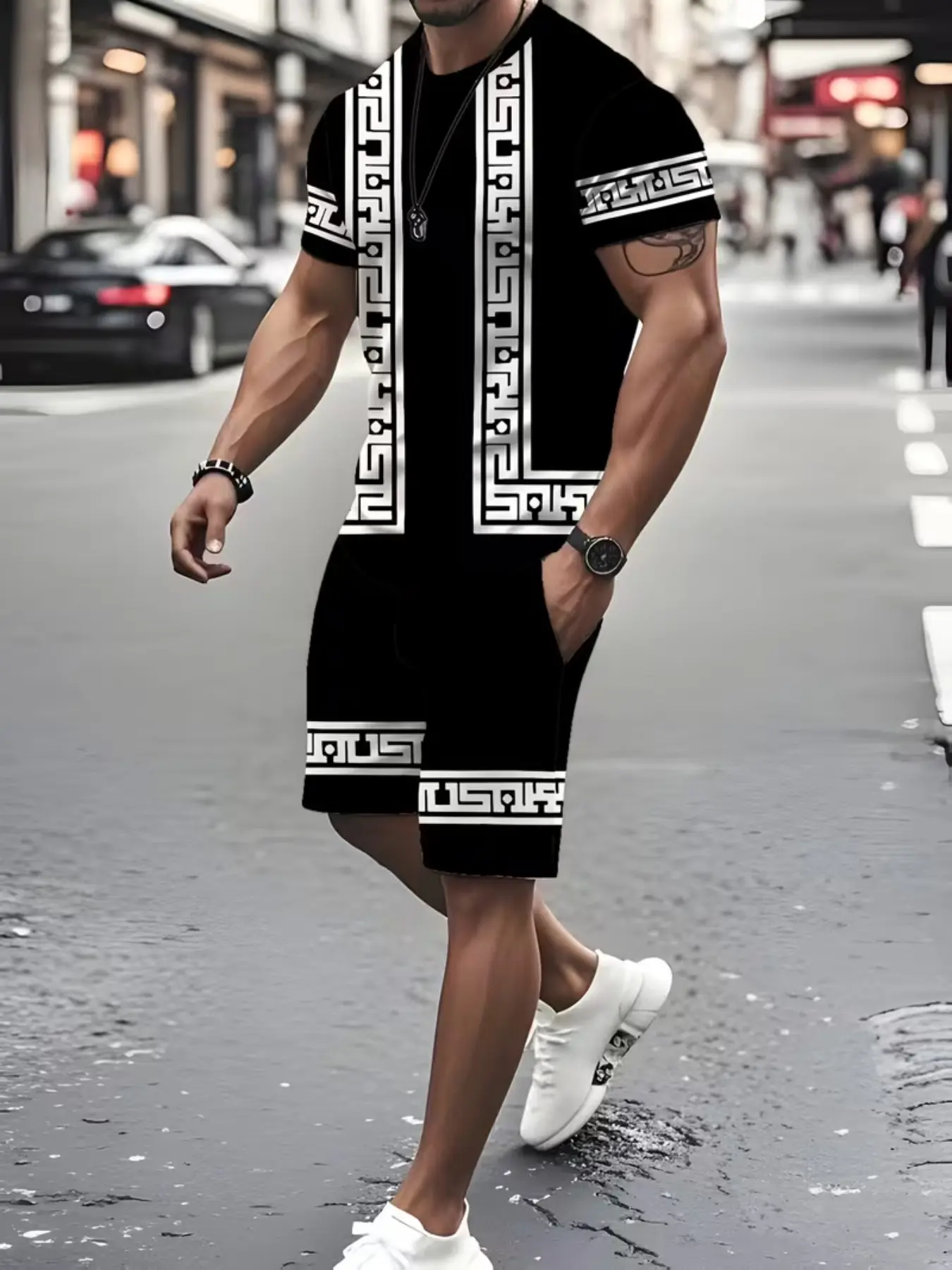 Men's 3D Digital Print Geometric Ethnic Style Fitted T-Shirt and Track Shorts Set, Sporty Casual Sportswear, Polyester Blend, Round Neck Knee-Length, Athletic Workout Clothing, Sportswear Clothing, Summer Sportswear, Sport Casual Outfit
