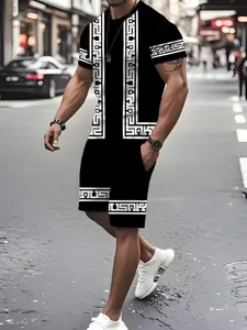 Men's 3D Digital Print Geometric Ethnic Style Fitted T-Shirt and Track Shorts Set, Sporty Casual Sportswear, Polyester Blend, Round Neck Knee-Length, Athletic Workout Clothing, Sportswear Clothing, Summer Sportswear, Sport Casual Outfit