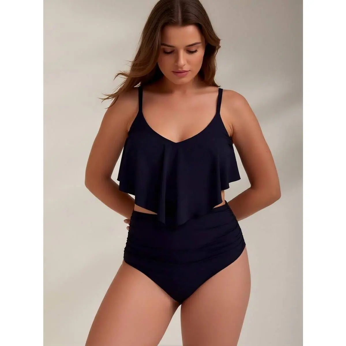 Classic Black Ruffled Tank Top Swimsuit|   Pleated High-Waisted Two-Piece Swimsuit Tummy Control V Neck Wrap Swimwear Swimming Sport Clothing Beach SpringStatements one women's
