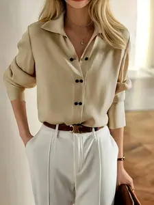 Women's V Neck Long Sleeve Button Shirt, Casual & Office Wear, Woven Fabric, Moderate Thickness, Spring & Fall Season, Lady Top, Blouse