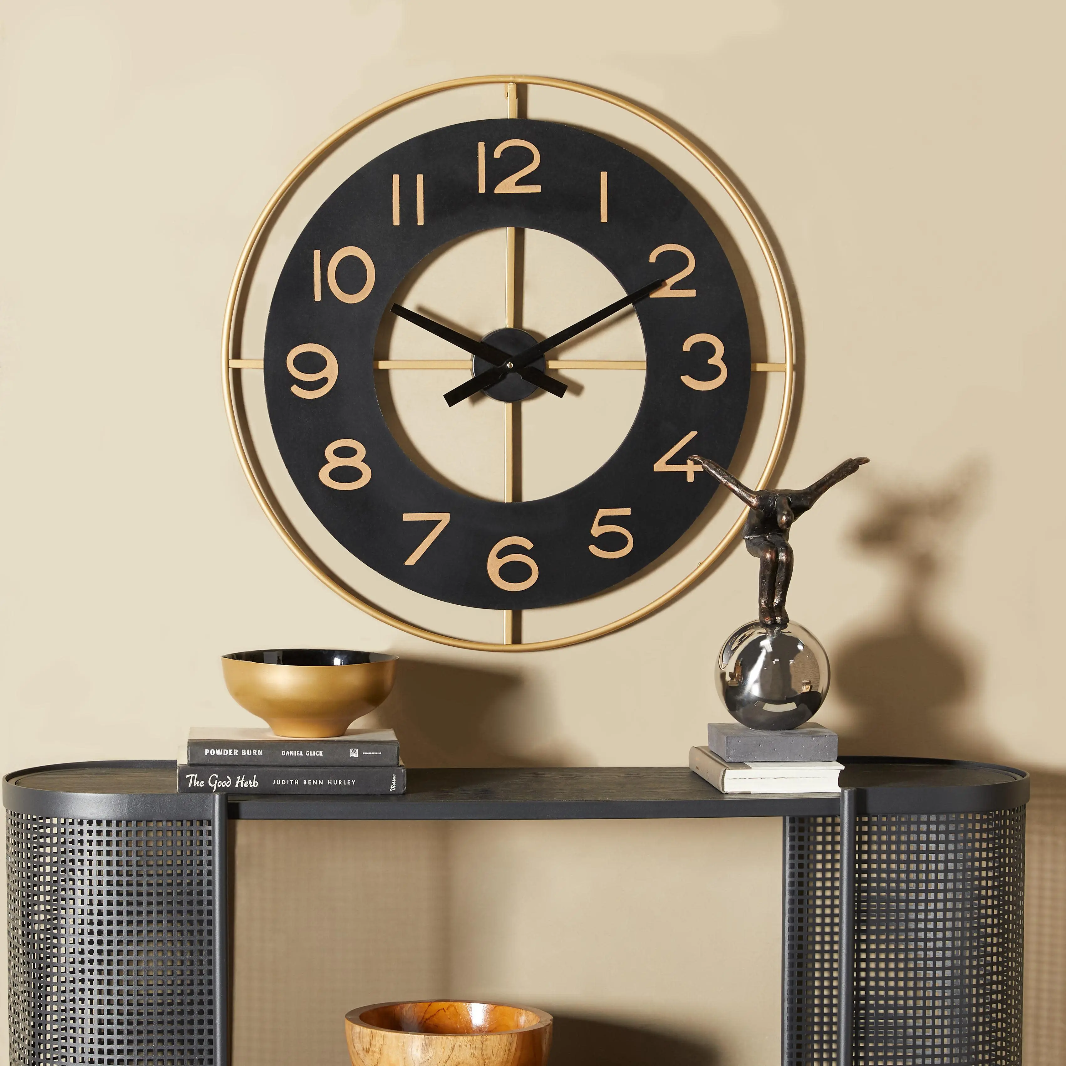 28"x1"x28" Black Iron Floating Decorative Wall Clock with Gold Frame, for Home Decor Room Decor