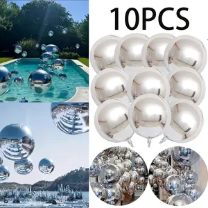 10Pcs 22 Inch Silver Mylar Balloons, Large 4D Giant Round Foil Balloon Big Mirror Metallic Balloons for Birthday Party Gender Reveal Supplies
