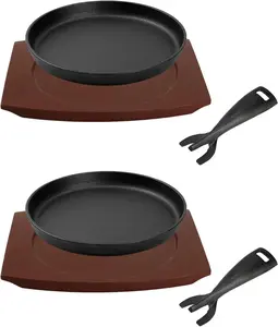 9 Inch Pre-Seasoned Cast Iron Fajita Skillet - Sizzling Platter with Removable Handle Wooden Tray, Oven Safe, Compatible with Grill & Induction