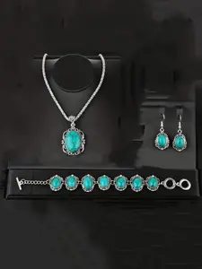 Boho Fashionable Jewelry Set Necklace Bracelet Earrings Turquoise Inlay Vintage Flower Design Daily Wear Party Decoration