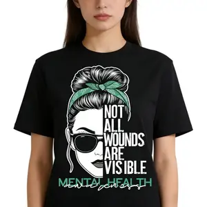 Fashion Designer TShirts with Mental Health Awareness Graphic Tee Not All Wounds Are Visible Casual Fitted Cotton Crewneck T-Shirt for Men Women All Seasons Wear Machine Washable Unisex Top