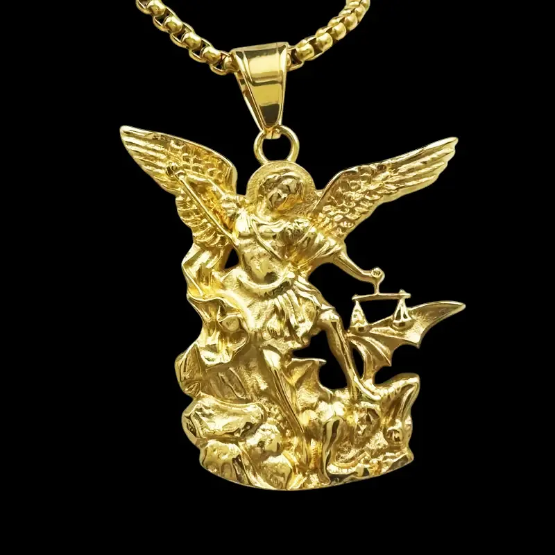 MaxBling81 Saint Michael Archangel Pendant Necklace - 316L Stainless Steel with Gold Coating, 40x38mm Medal, 3mm 24" Rolo Chain, Unisex Hip Hop Celebrity-Inspired Necklaces, Fashionable Jewelry for Casual Wear, Gold Plated Amulet, Metal Coated, Exquisite
