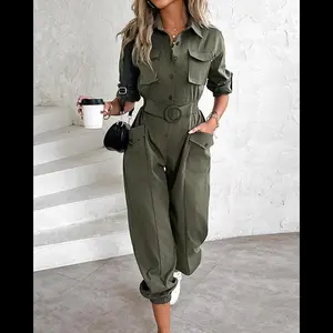 Roll Up Sleeve Pocket Design Shirred Buckled Cargo Jumpsuit