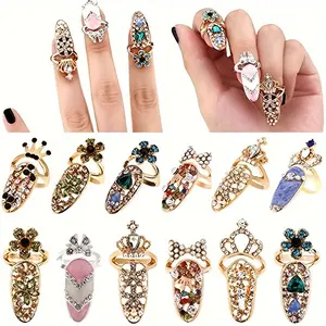 Luxury Fingernails Ring 12 Pcs - Fashion Bowknot Knuckle Nail Ring Decoration Tip Nail Art Charm Crown Flower Crystal Rhinestone Finger Nail Rings