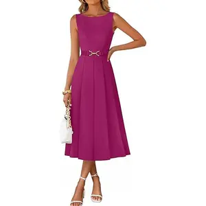ZESICA Women Summer Sleeveless Midi Dresses 2026 Elegant Boat Neck A Line Tie Waist Spring Cocktail Party Dress