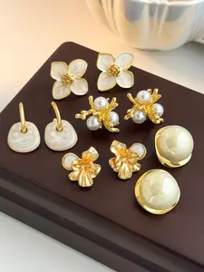 Elegant Luxury Flower Pearl Earrings Set, Geometric Design, Perfect for Parties and Daily Wear, Women's Jewelry, 5 Pairs