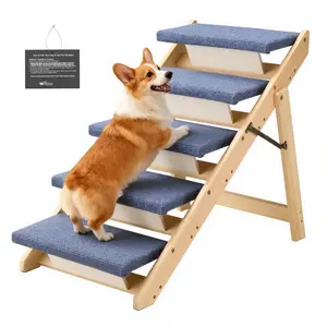 Wooden Pet Stairs, 5-Step Dog Steps For Beds, Sofas And Cars, 150 Lbs Load Capacity, Folded Flat Design, Stable And Sturdy Cat And Dog Ladder For Small To Large Pets, Suitable For Seniors And Puppies
